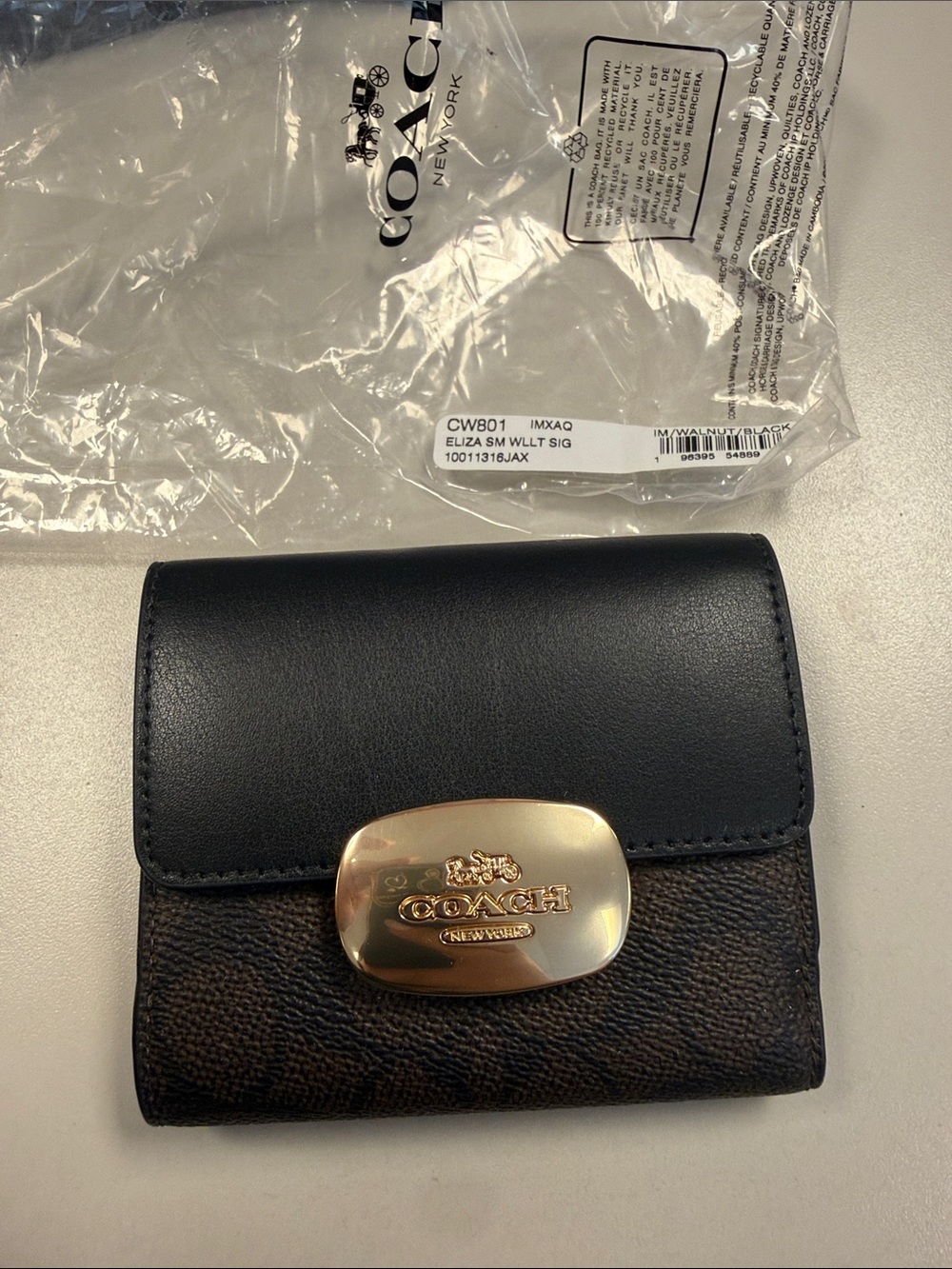 Coach Black & Brown Signature Small Wallet with Gold Plaque